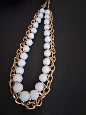 Gold-Tone Unique Chain Necklace with White Beads - Women Jewelry